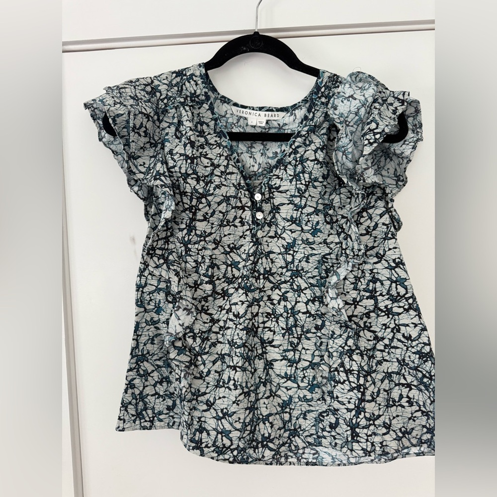 Veronica Beard Teal and White Abstract Blouse
